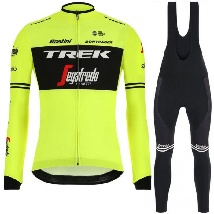 Trek Segafredo 2019 Training Fluo Geel Fietskleding Set Wielershirt Lange Mouw+Lange Fietsbroeken Bib