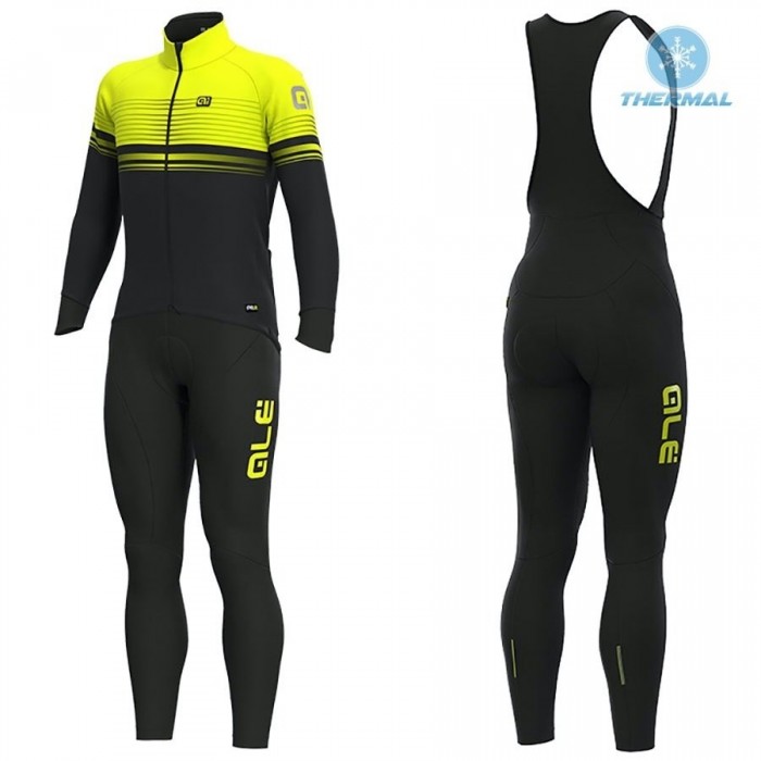 2019 ALE Slide Zwart-Geel Thermal Fietskleding Set Wielershirts Lange Mouw+Lange Wielrenbroek Bib 387PLHN