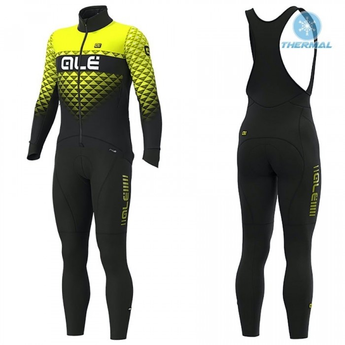 2019 ALE Summit Zwart-Geel Thermal Fietskleding Set Wielershirts Lange Mouw+Lange Wielrenbroek Bib 192OCTJ