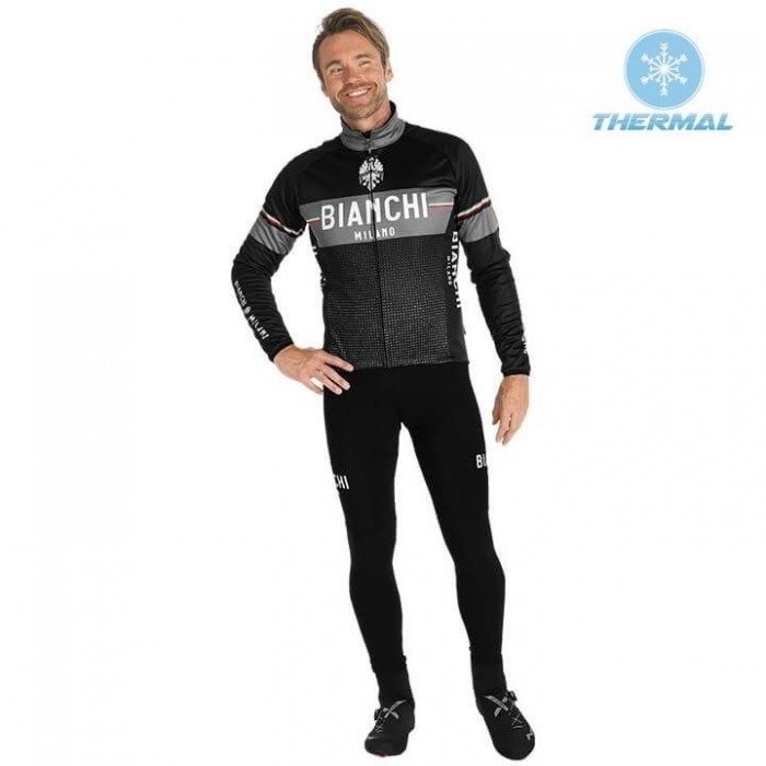 2019 Bianchi Milano XD Zwart Thermal Fietskleding Set Wielershirts Lange Mouw+Lange Wielrenbroek Bib 433UFUL