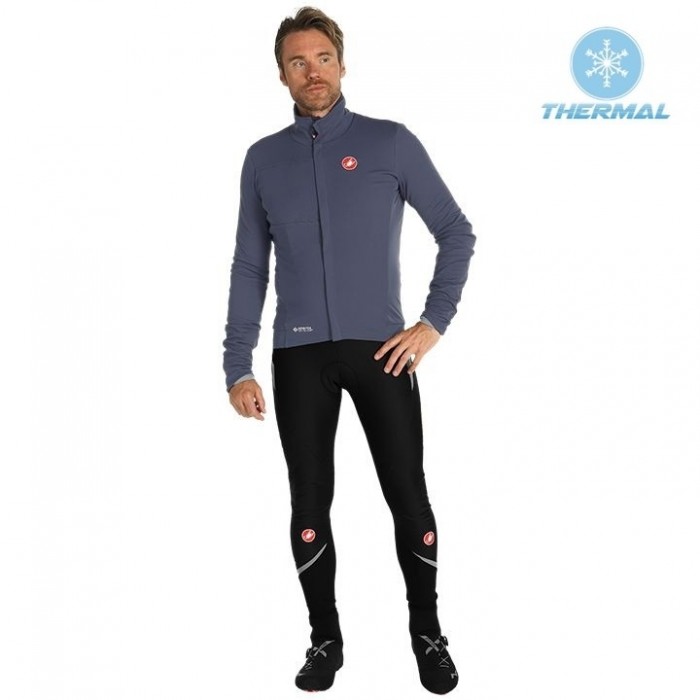 2019 Casteli DE Grey Thermal Fietskleding Set Wielershirts Lange Mouw+Lange Wielrenbroek Bib 509UFNW