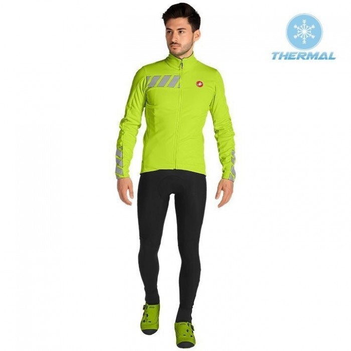 2019 Casteli Raddoppia 2 Geel Thermal Fietskleding Set Wielershirts Lange Mouw+Lange Wielrenbroek Bib 375KYAH