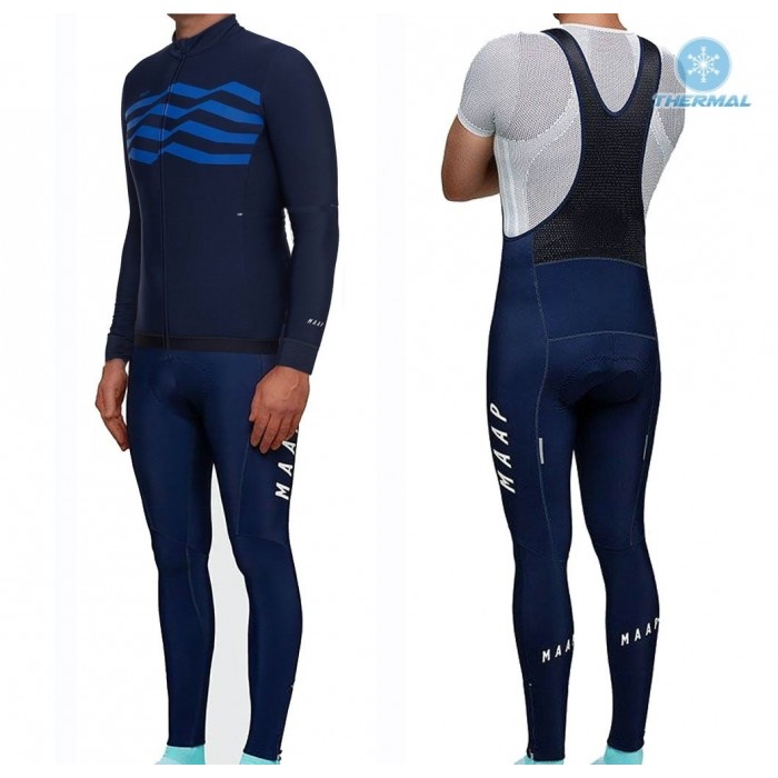 2019 MAAP M-Flag Ultra Blauw Thermal Fietskleding Set Wielershirts Lange Mouw+Lange Wielrenbroek Bib 962MJKP