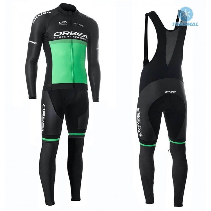 2019 Orbea Factory Racing Groen Thermal Fietskleding Set Wielershirts Lange Mouw+Lange Wielrenbroek Bib 126GOFR