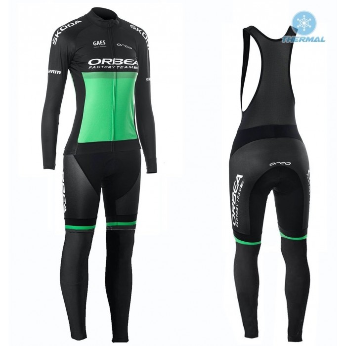 2019 Orbea Factory Racing Dames Groen Thermal Fietskleding Set Wielershirts Lange Mouw+Lange Wielrenbroek Bib 851IWPF