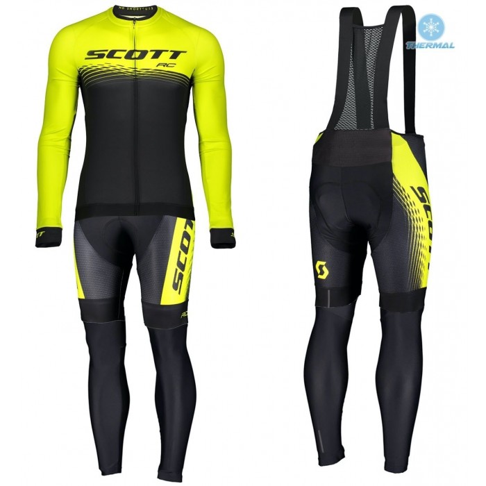 2019 Scott RC Zwart-Geel Thermal Fietskleding Set Wielershirts Lange Mouw+Lange Wielrenbroek Bib 610WMBC