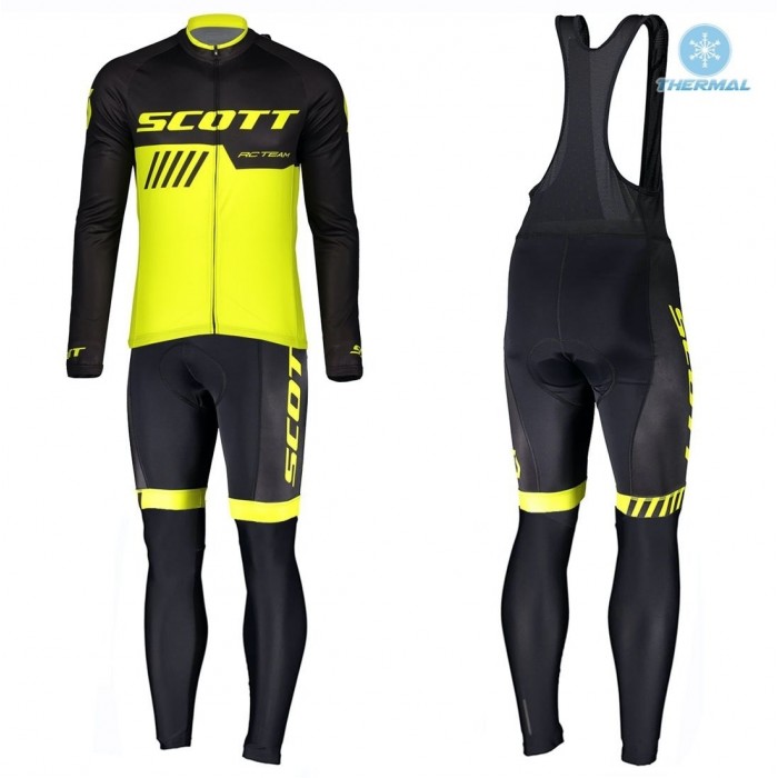 2019 Scott RC Team Zwart-Geel Thermal Fietskleding Set Wielershirts Lange Mouw+Lange Wielrenbroek Bib 279KRNZ