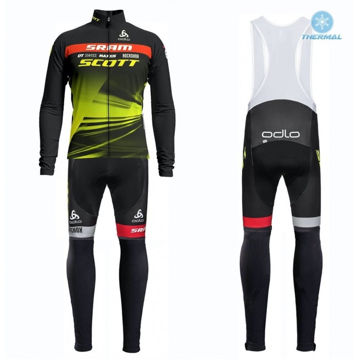 2019 Scott Sram Zwart-Geel Thermal Fietskleding Set Wielershirts Lange Mouw+Lange Wielrenbroek Bib 505SXMD