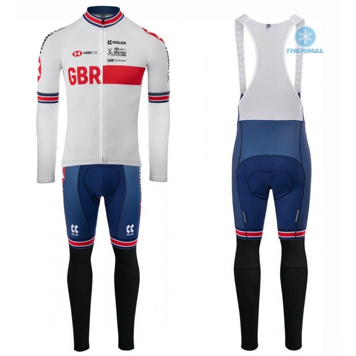 2020 Kalas GBR Country Team Wit Thermal Fietskleding Set Wielershirts Lange Mouw+Lange Wielrenbroek Bib 868GATO