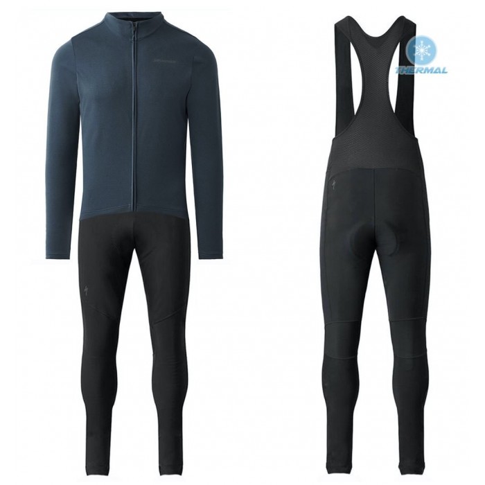 2020 Specialized Grey-Blauw Thermal Fietskleding Set Wielershirts Lange Mouw+Lange Wielrenbroek Bib 609QAGY