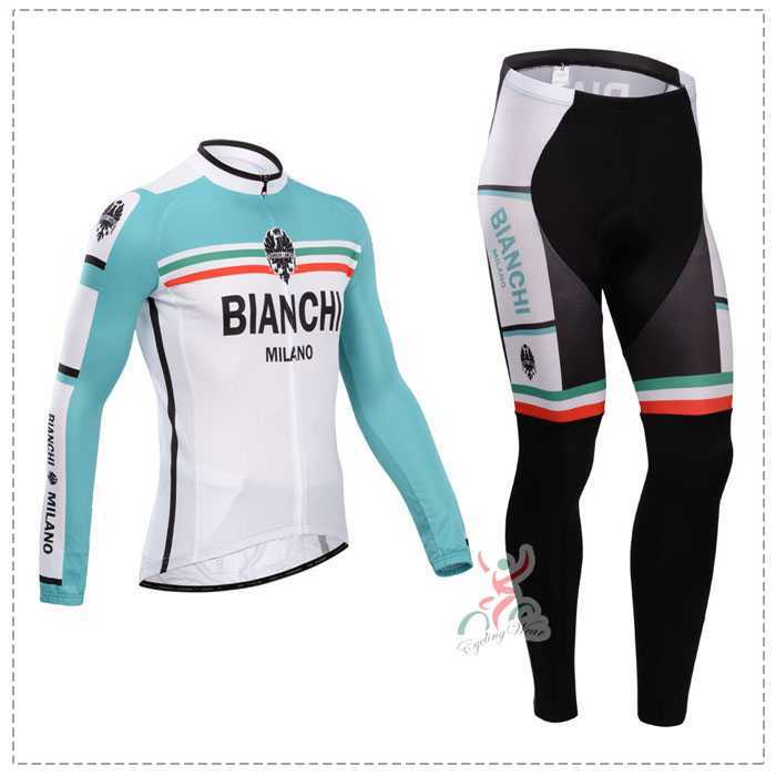 Bianchi 2014 Fietskleding Wielershirt Lange Mouw+Lange Fietsbroeken Wit Blauw