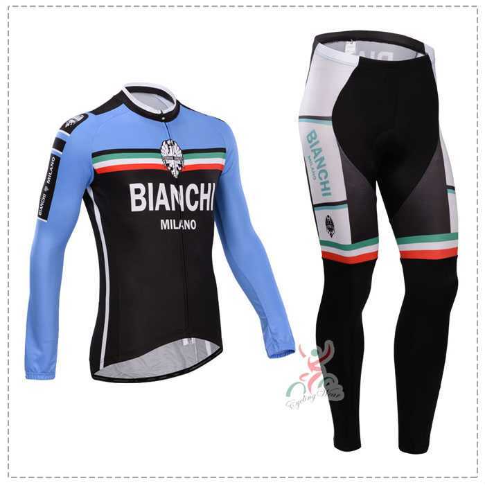 Bianchi 2014 Fietskleding Wielershirt Lange Mouw+Lange Fietsbroeken Blauw Zwart