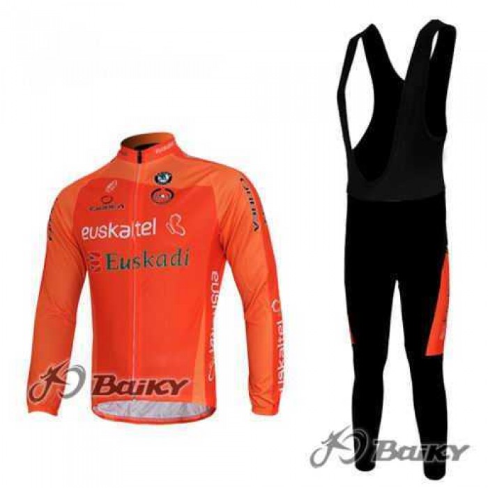 Euskaltel-Euskadi Pro Team Fietskleding Wielershirts Lange Mouw+Lange Fietsbroeken Bib Oranje
