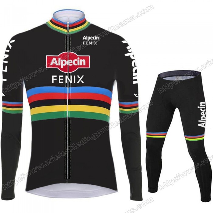 2021 Alpecin Fenix World Champion Zwart Fietskleding Set Wielershirts Lange Mouw+Lange Wielrenbroek Bib TQRBU