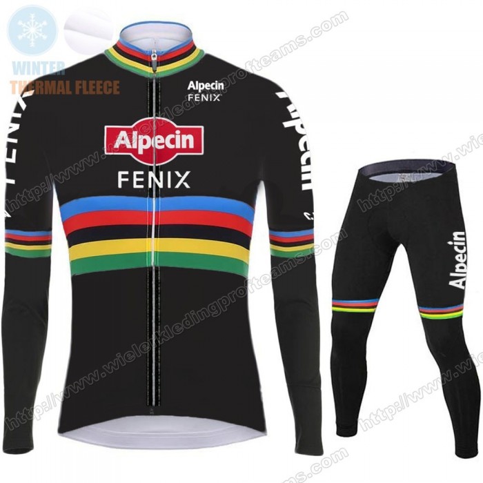 Winter 2021 Alpecin Fenix World Champion Zwart Fietskleding Set Wielershirts Lange Mouw+Lange Wielrenbroek Bib SKELL