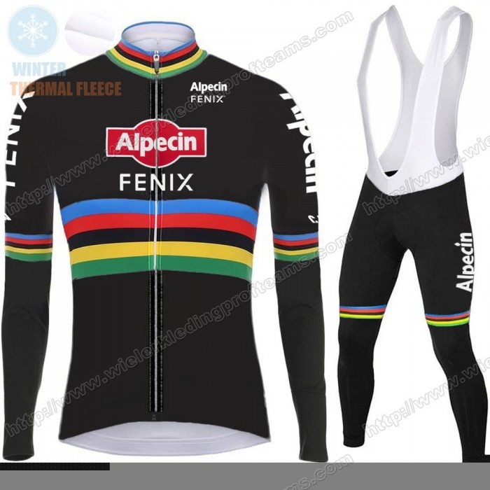 Winter 2021 Alpecin Fenix World Champion Zwart Fietskleding Set Wielershirts Lange Mouw+Lange Wielrenbroek Bib VUGDO