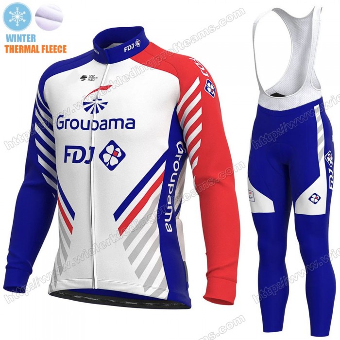 GROUPAMA FDJ Winter Thermal Fleece 2020 Fietskleding Set Wielershirts Lange Mouw+Lange Wielrenbroek Bib VKLSR