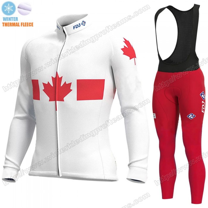 Canada FDJ Winter Thermal Fleece 2020 Fietskleding Set Wielershirts Lange Mouw+Lange Wielrenbroek Bib RCLBB
