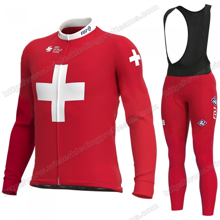 Swiss FDJ 2020 Fietskleding Set Wielershirts Lange Mouw+Lange Wielrenbroek Bib IFDAK