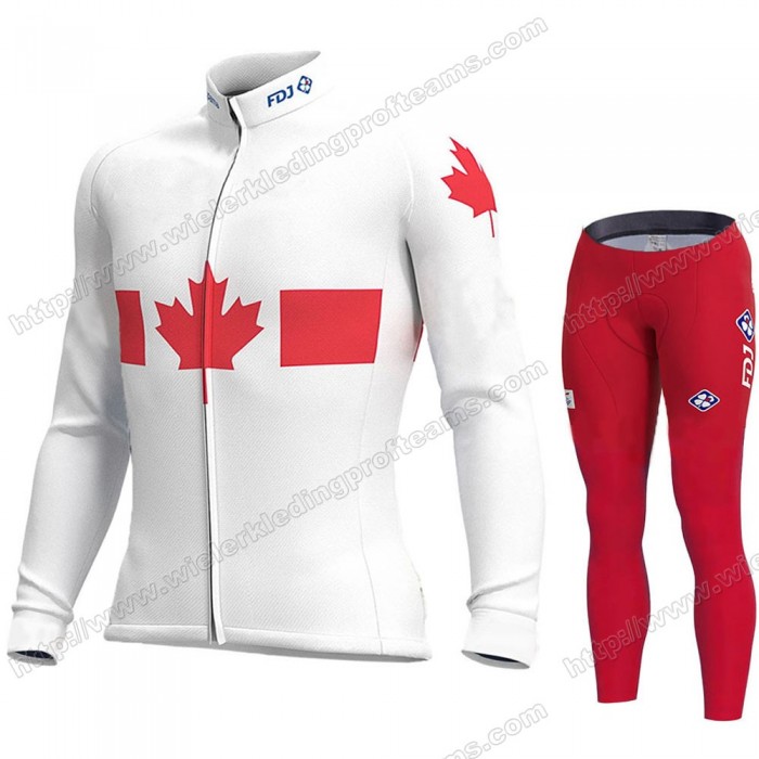 Canada FDJ 2020 Fietskleding Set Wielershirts Lange Mouw+Lange Wielrenbroek Bib ZVBHF