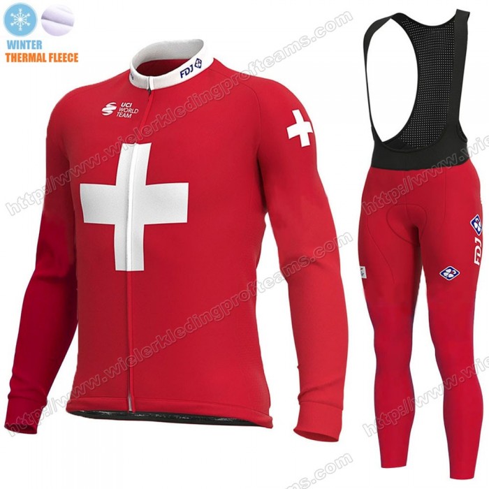 Swiss FDJ Winter Thermal Fleece 2020 Fietskleding Set Wielershirts Lange Mouw+Lange Wielrenbroek Bib YWDHS