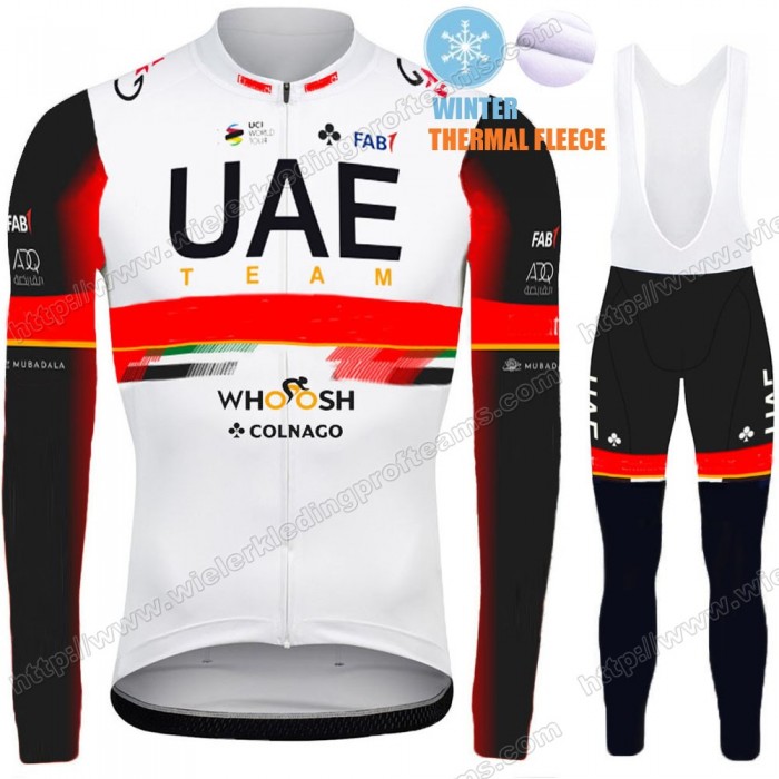 Winter Fleece UAE Emirates Pro Team 2021 Fietskleding Set Wielershirts Lange Mouw+Lange Wielrenbroek Bib FPODV