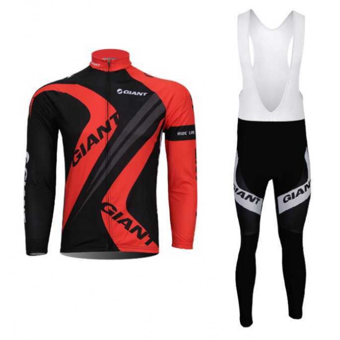 Goedkoop Giant Wielerkleding Set Wielershirt Lange Mouw+Lange Fietsbroeken Bib Rood Zwart