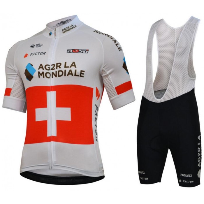Team Ag2r La Mondiale 2018 Swiss Champion Fietskleding Set Wielershirt Korte Mouw+Korte Fietsbroeken Bib