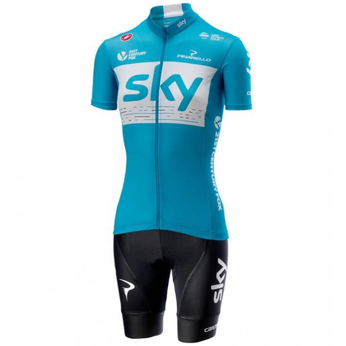 Team Sky 2018 Dame Blauw Fietskleding Set Wielershirt Korte Mouw+Korte Fietsbroeken