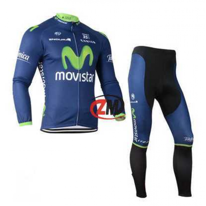 Movistar 2014 Fietskleding Wielershirt Lange Mouw+Lange Fietsbroeken Blauw Zwart
