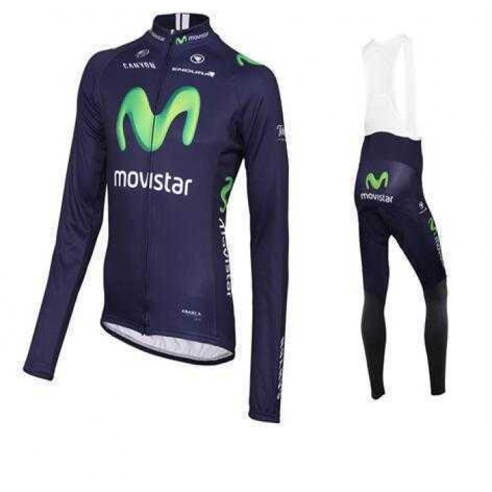 2016 Movistar Wielerkleding Set Wielershirt Lange Mouwen+Lange Fietsbroeken Bib Vliezen Blauw