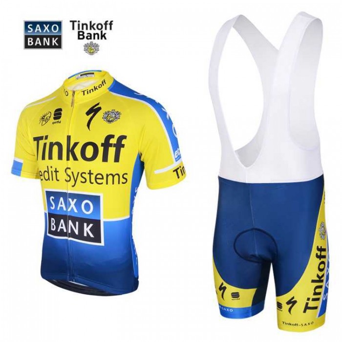 Saxo Bank Tinkoff 2014 Fietskleding Set Fietsshirt Met Korte Mouwen+Korte Koersbroek