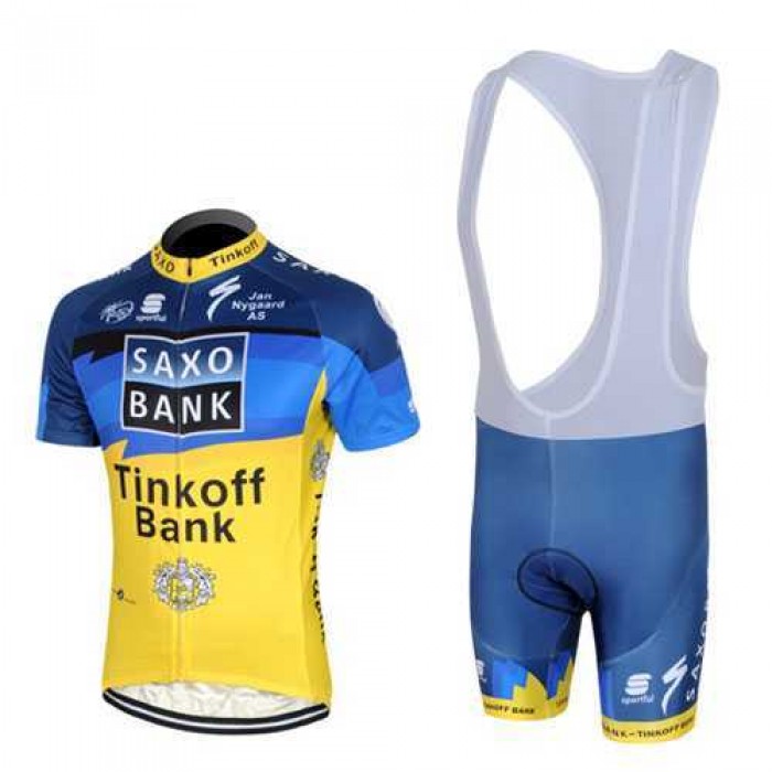 2013 Saxo Bank Tinkoff Pro Team Fietskleding Set Fietsshirt Met Korte Mouwen+Korte Koersbroek Blauw Geel