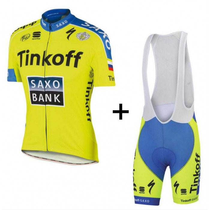 2015 Tinkoff Fietskleding Set Fietsshirt Met Korte Mouwen+Korte Koersbroek Geel Blauw