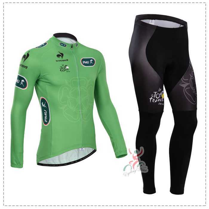 Tour De France Le Coq Sportif 2014 Wielerkleding Set Wielershirt Lange Mouwen Groen+Lange Fietsbroeken